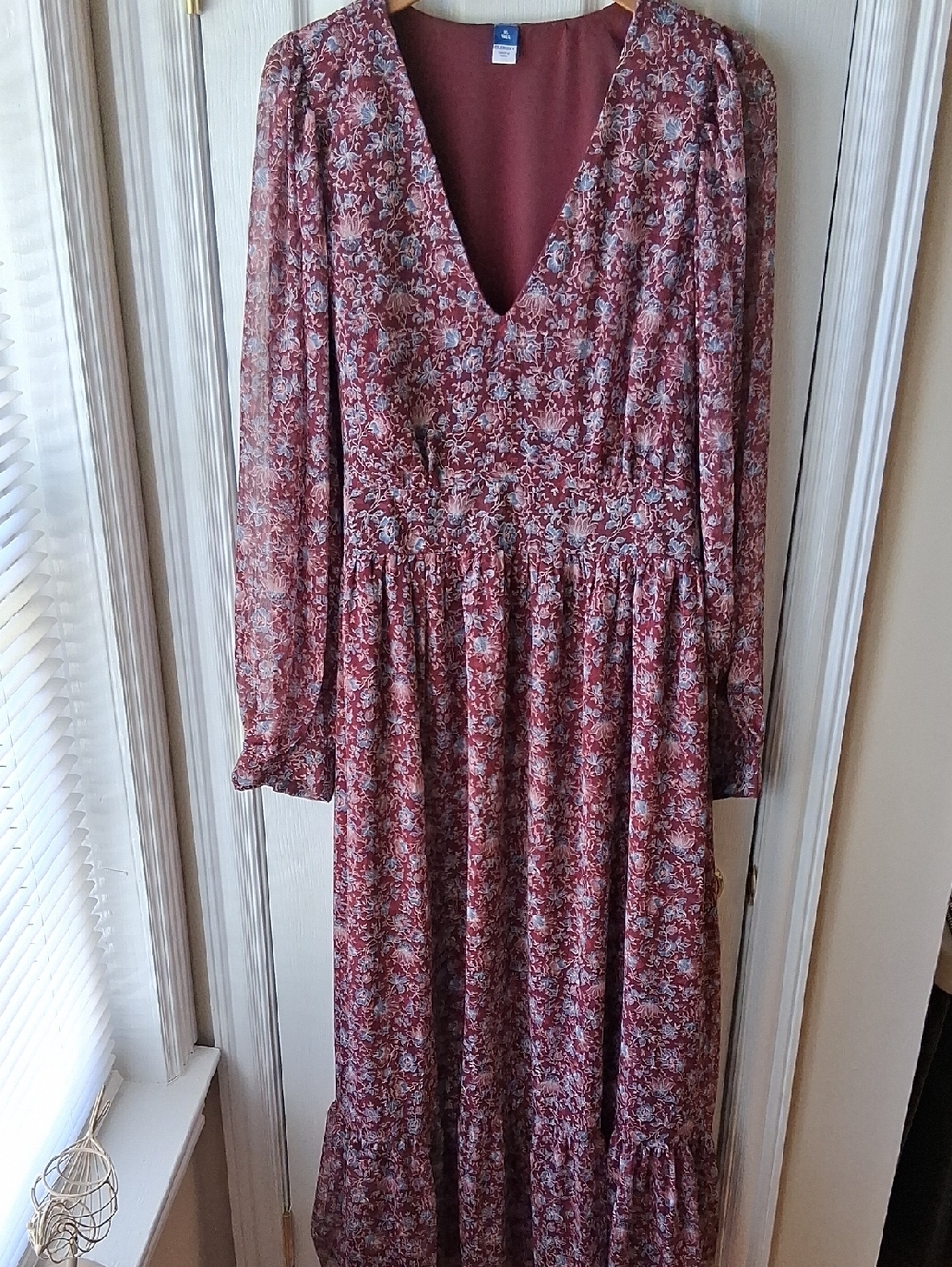 Maxi Dress Burgundy Floral V-Neck Long Sleeve Ruffled Hem Tie In Back